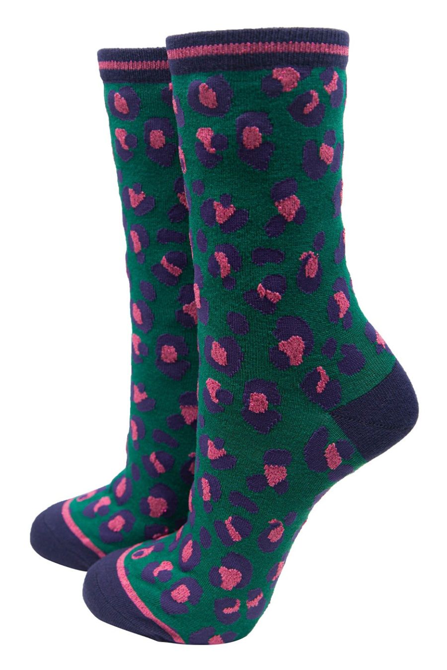green bamboo ankle socks with an all over navy blue and pink leopard print pattern