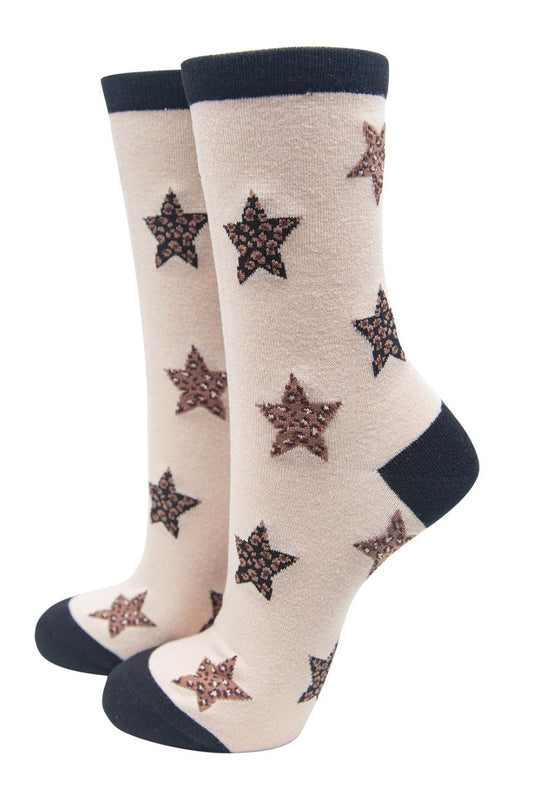 cream ankle socks with a leopard print star pattern