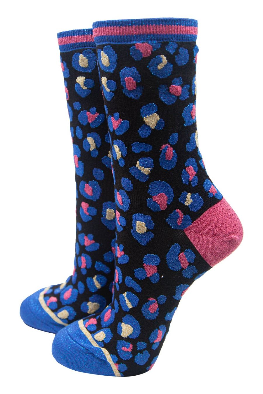 black ankle socks with an all over royal blue and pink leopard print patterns