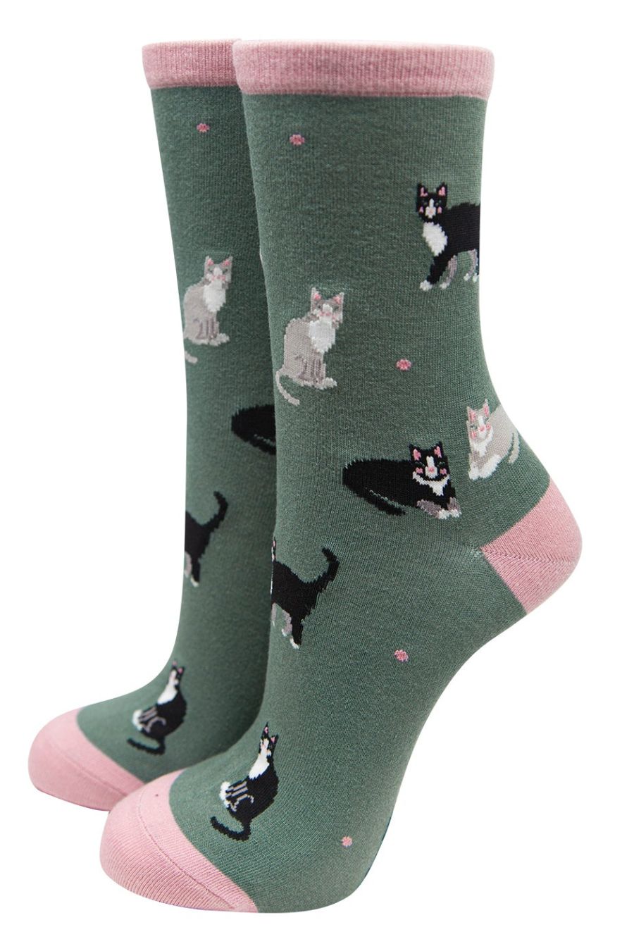 sage green and pink bamboo ankle socks with grey and black cats