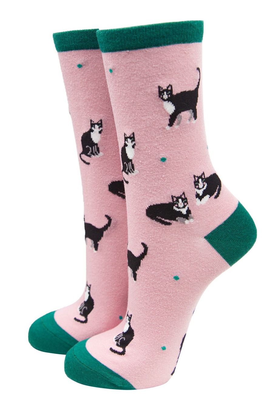 pink and green ankle socks with black cats on them