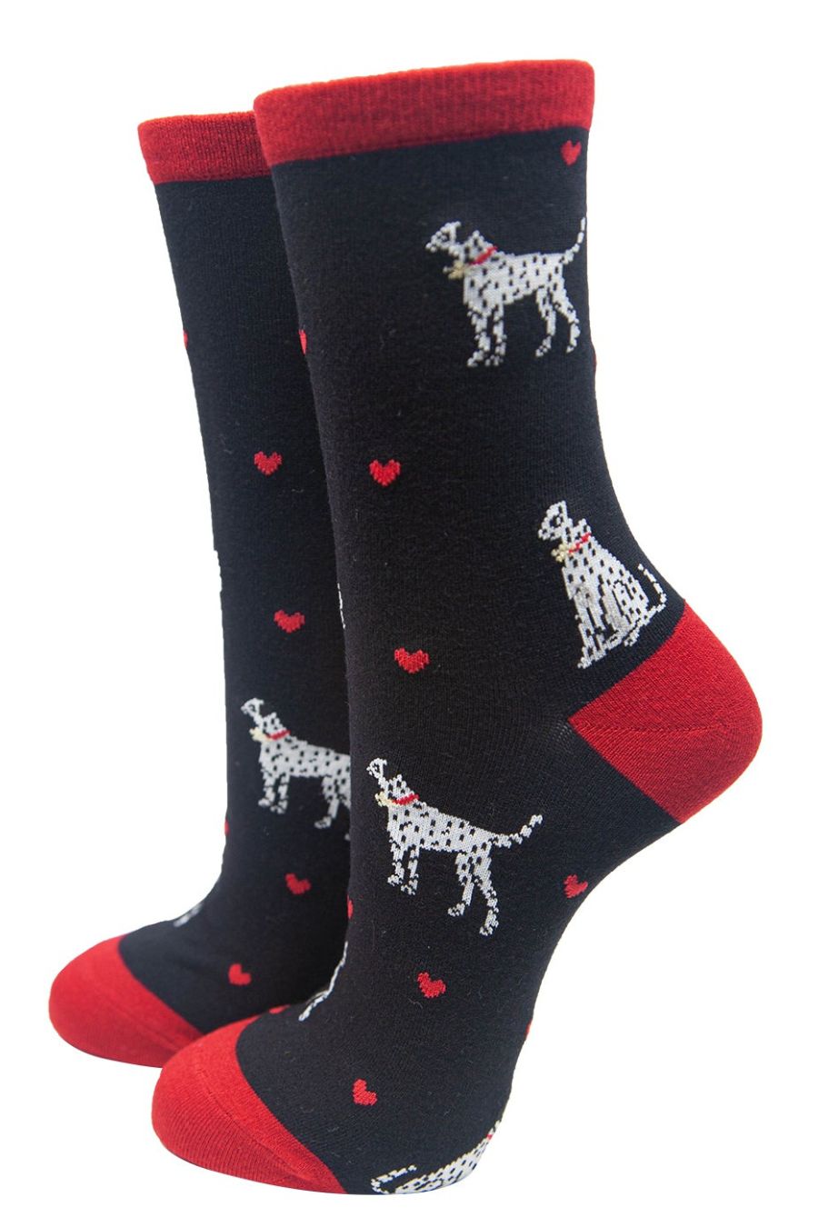 black ankle socks with dalmatian dogs and red love hearts