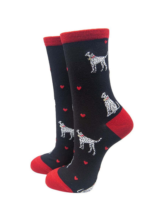black ankle socks with dalmatian dogs and red love hearts