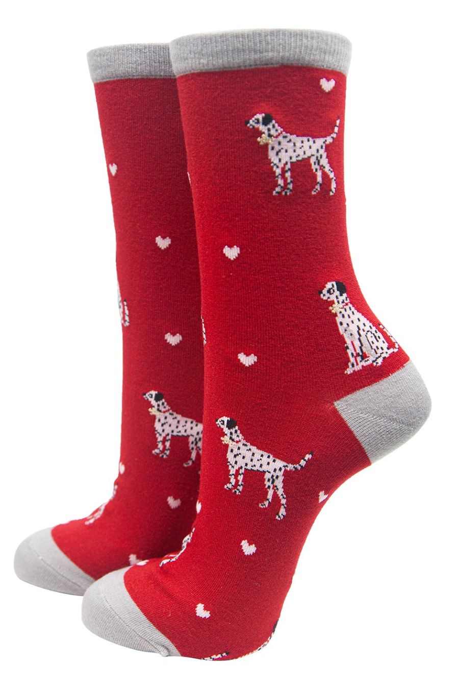 red ankle socks with dalmatian dogs and white love hearts