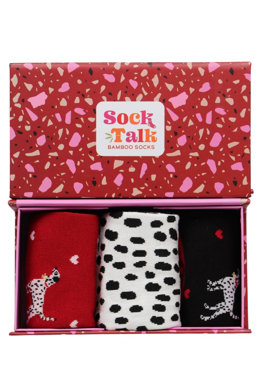 red and pink dalmatian print gift box with three pairs of dalmatian print bamboo socks