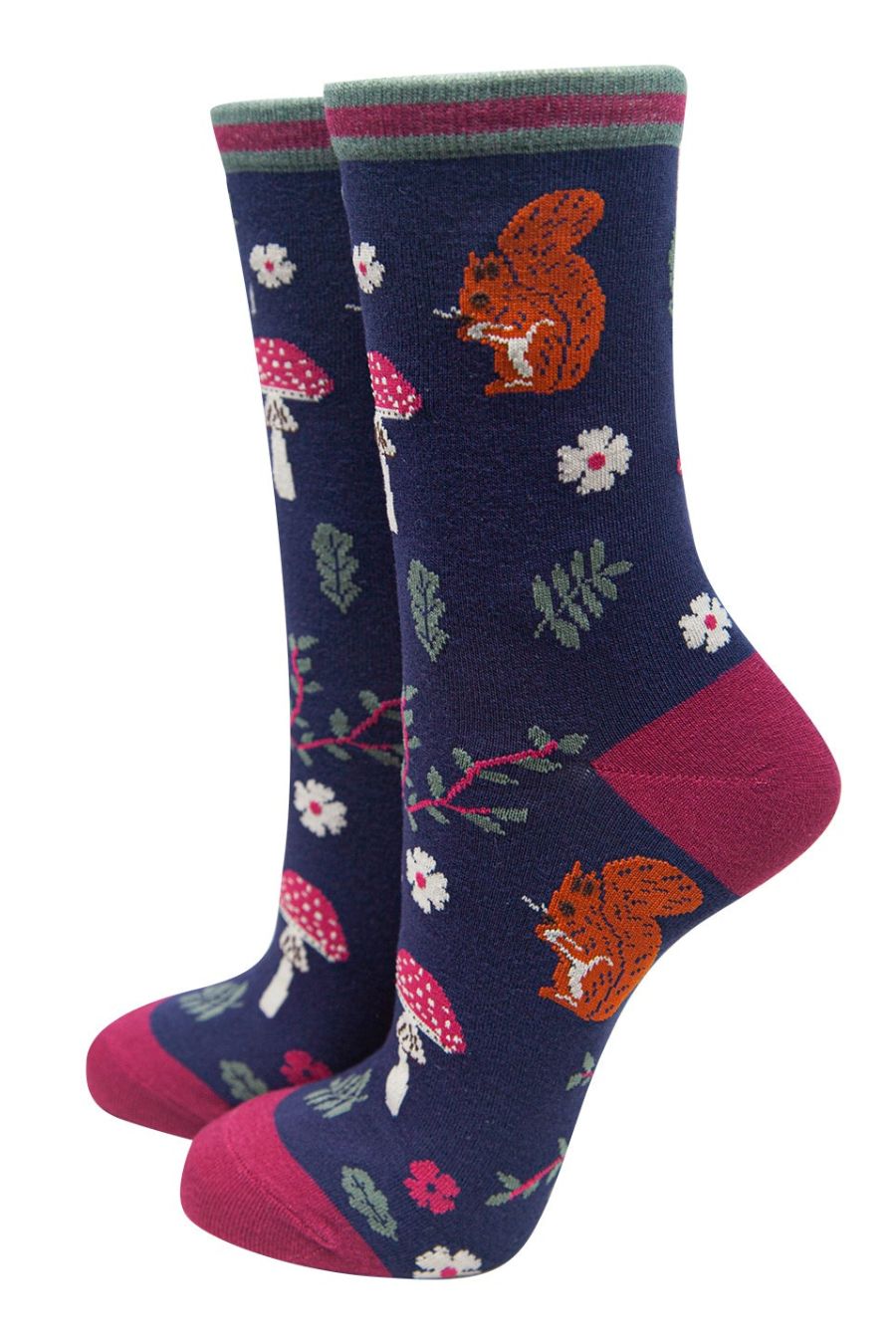 navy blue and pink bamboo ankle socks with red squirrels, toadstools and flowers