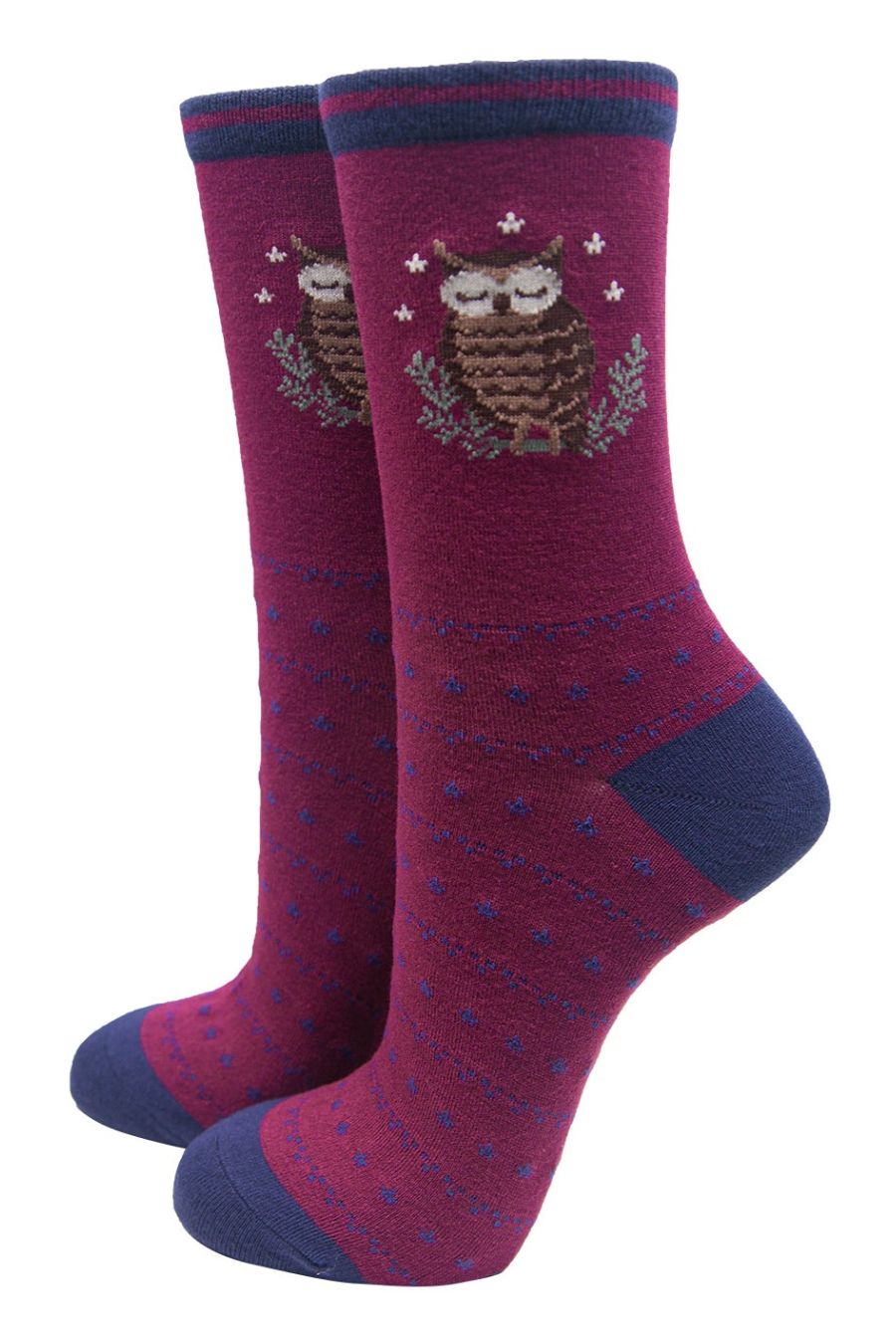 burgundy and navy blue ankle socks featuring a sleeping owl 