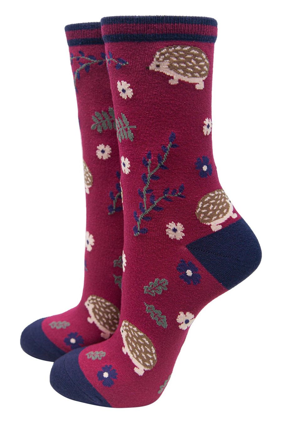 deep pink and navy blue ankle socks with brown hedgehods and floral print