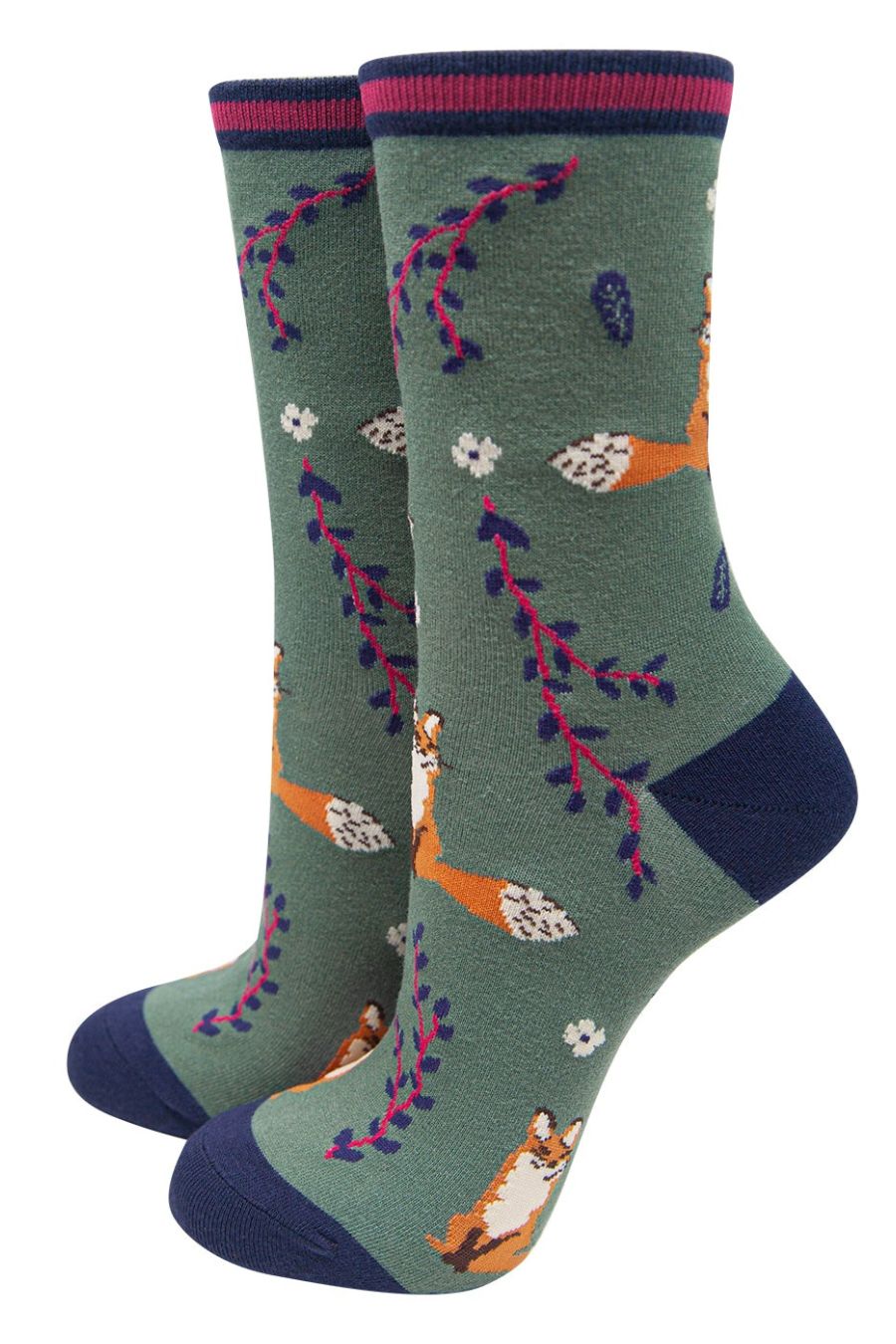 sage green, navy blue ankle socks with red foxes and floral print