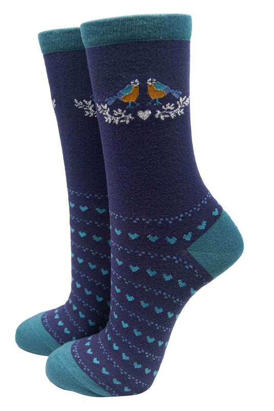 navy blue socks with blue love hearts and blue tit birds