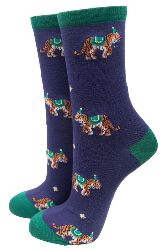 navy blue ankle socks with tigers all over, tigers are wearing party hats
