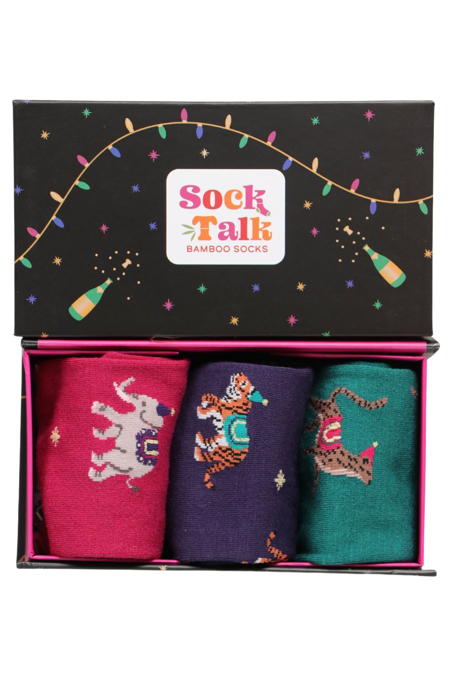 black gift box artistially designed with multicoloured stars, fairy lights and champagne bottles, with three pairs of womens bamboo socks 