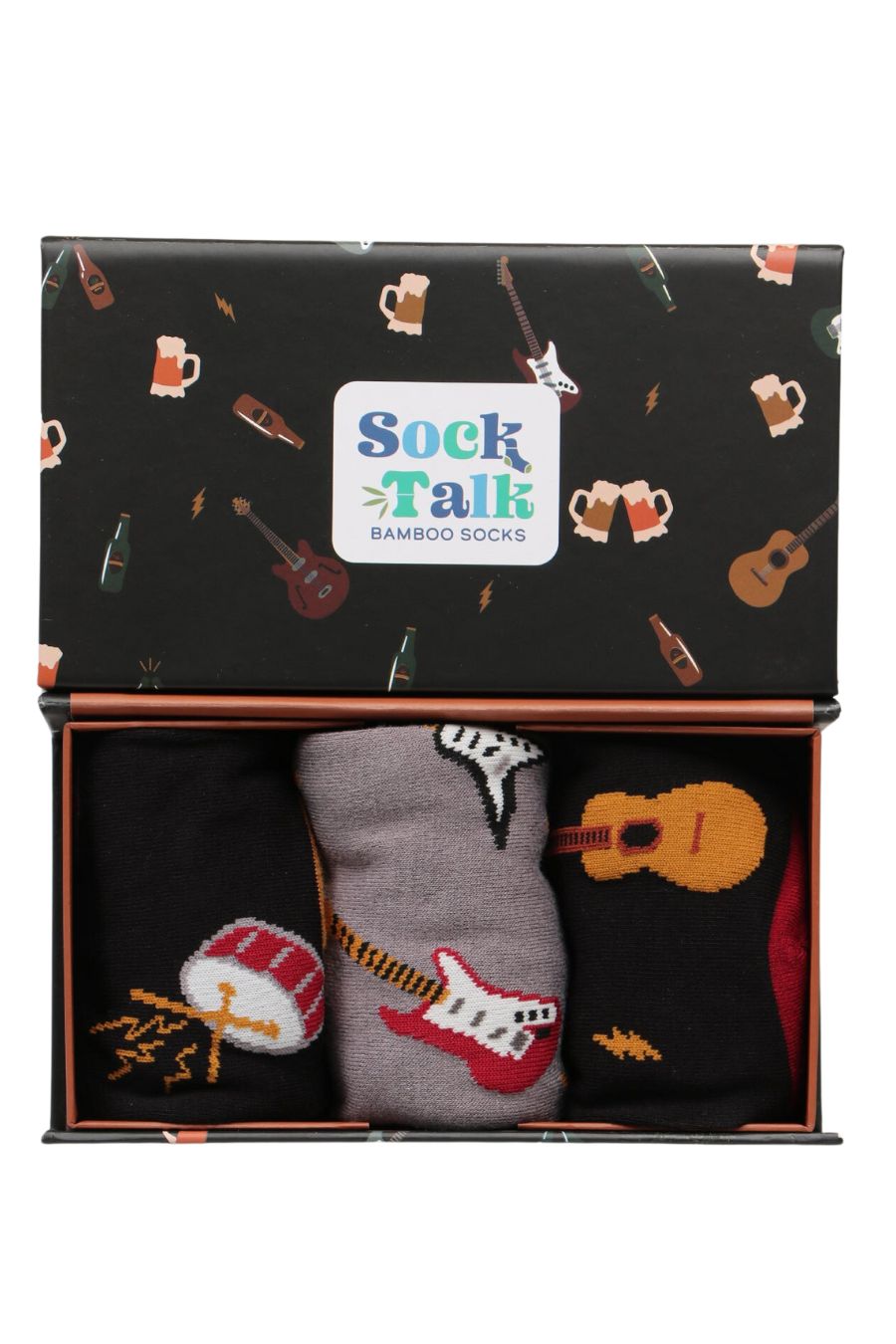 black sock gift box with guitars and beer bottles with three pairs of bamboo socks featuring drums and guitars