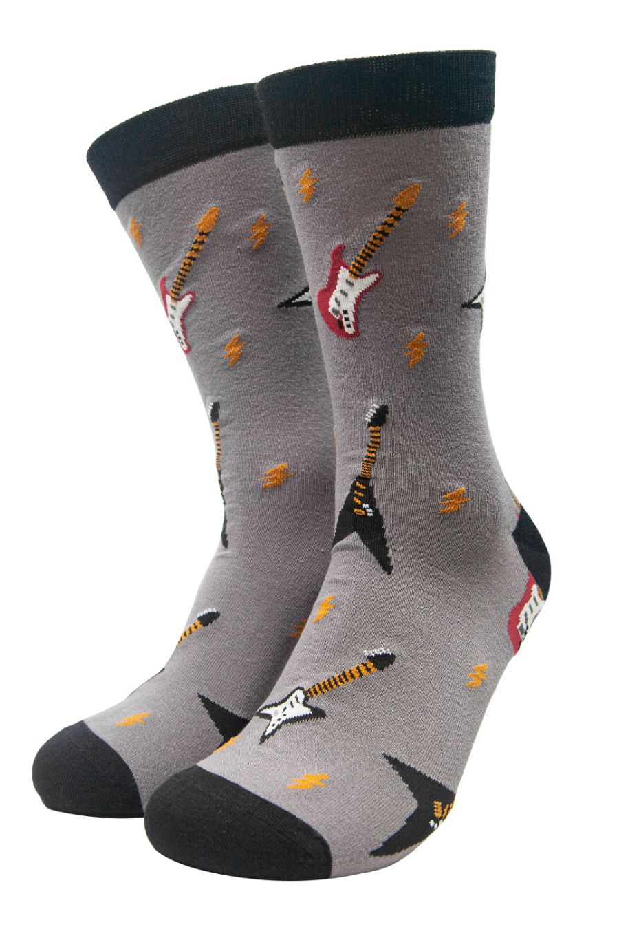 grey dress socks with electric guitars and lightning bolts