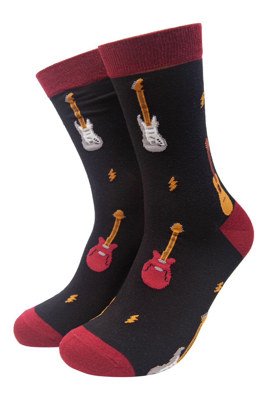 black bamboo socks with electric guitars and lightining bolts
