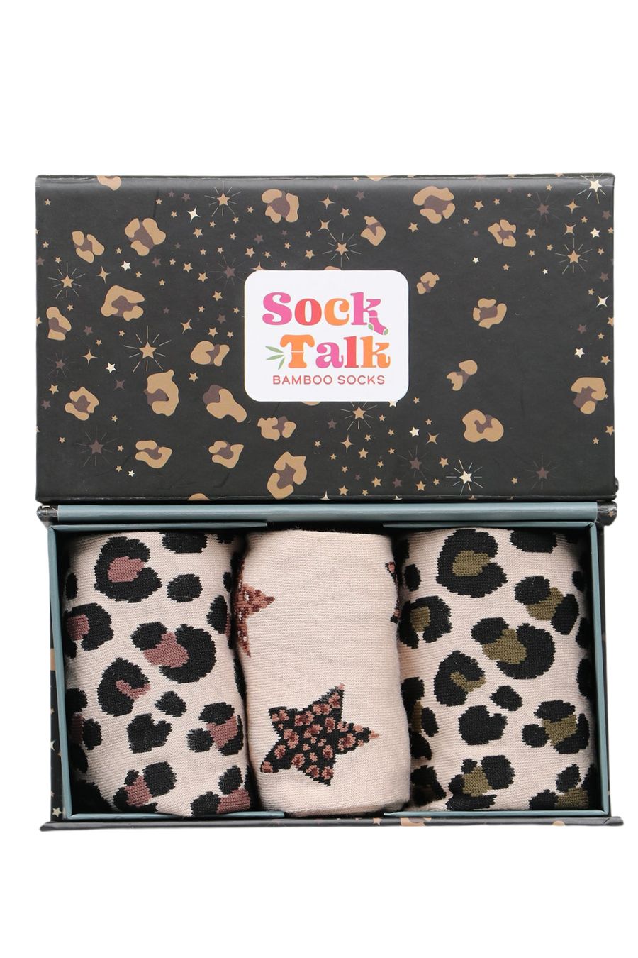 cheetah print sock gift box with three pairs of netural animal print bamboo socks