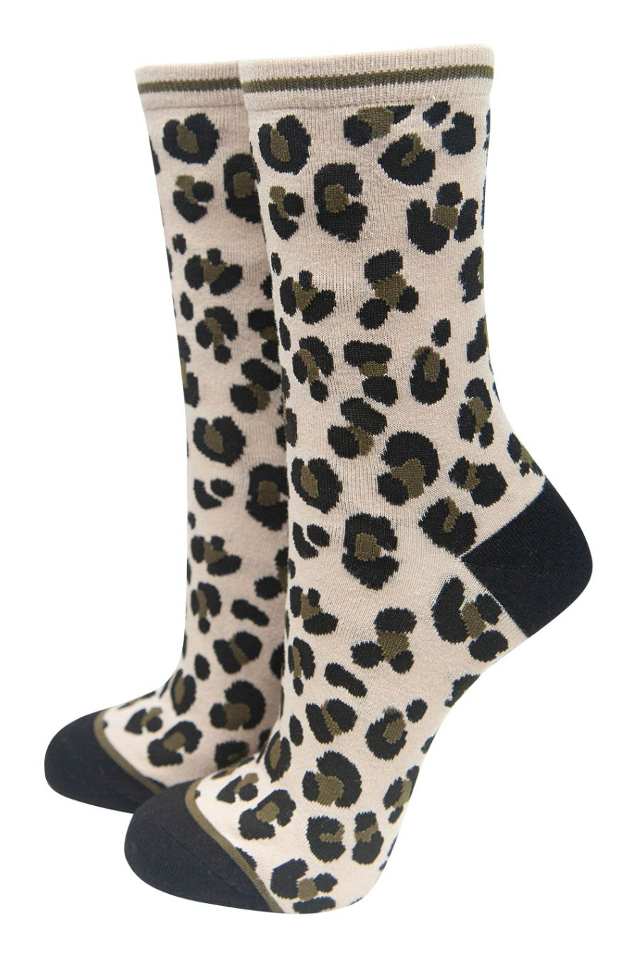 cream ankle socks with an all over beige and brown cheetah print pattern