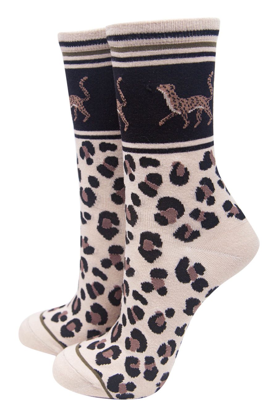 cream ankle socks with a neutral animal print and cheetah cats around the ankles