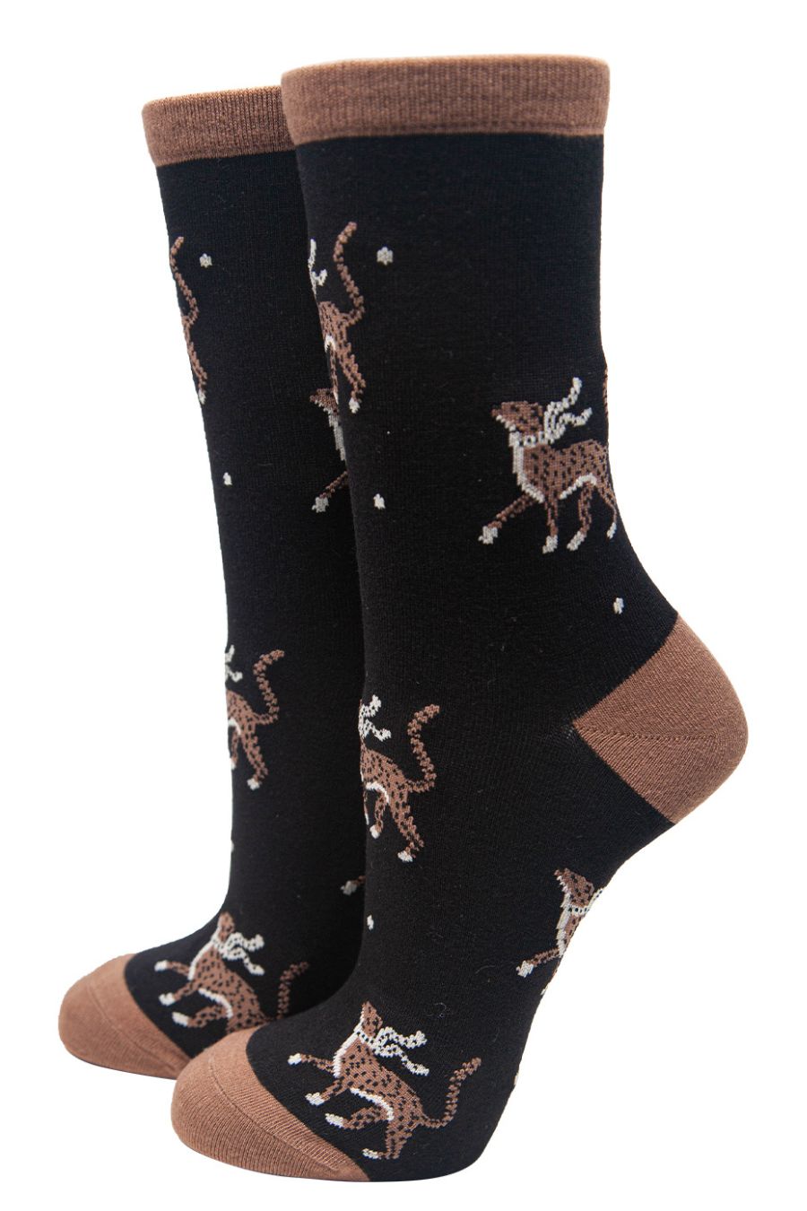 black and brown ankle socks with cheetah cats on them