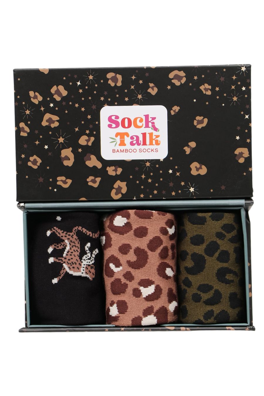 black cheetah print sock gift box with three pairs of cheetah print bamboo ankle socks