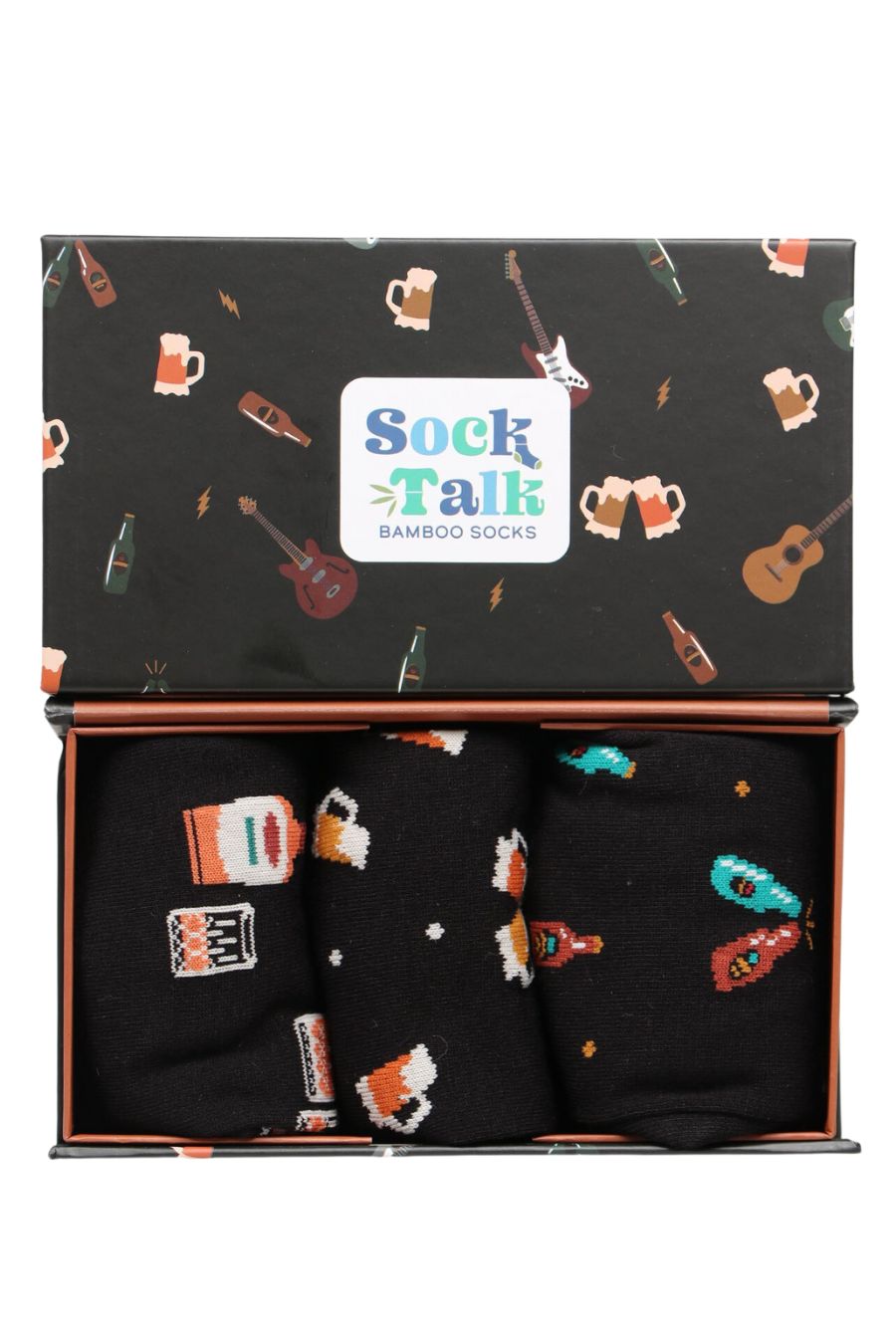 black sock gift box with a pattern of beer mugsm guitars and beer bottles, with three pairs of beer and whisky themed dress socks