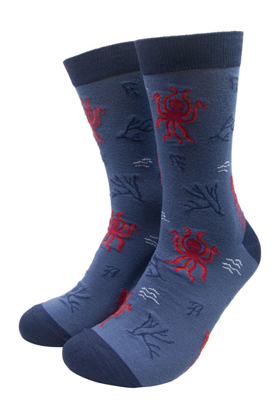 blue dress socks with red octopus on them