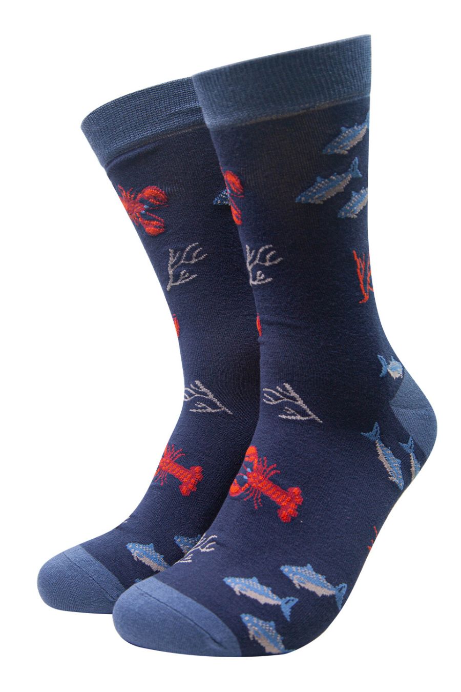 navy blue bamboo socks with red lobsters and fish