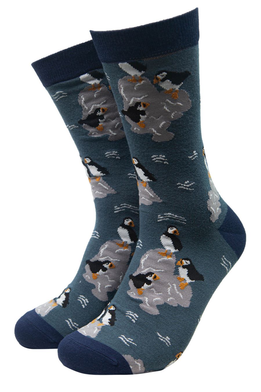 blue dress socks with puffins all over