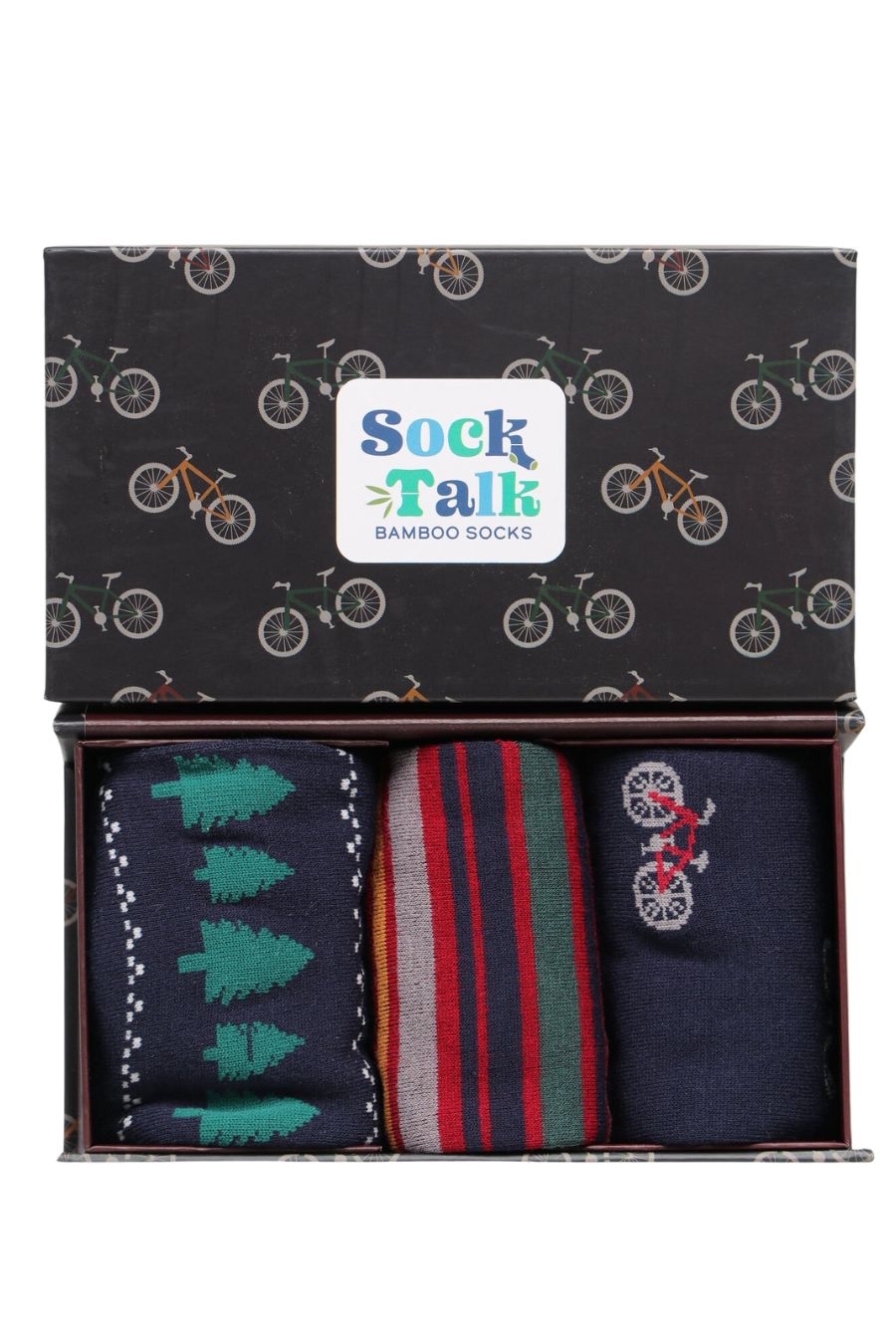 black gift box with an all over bicycle print with three pairs of bamboo dress socks featuring mountain bikes
