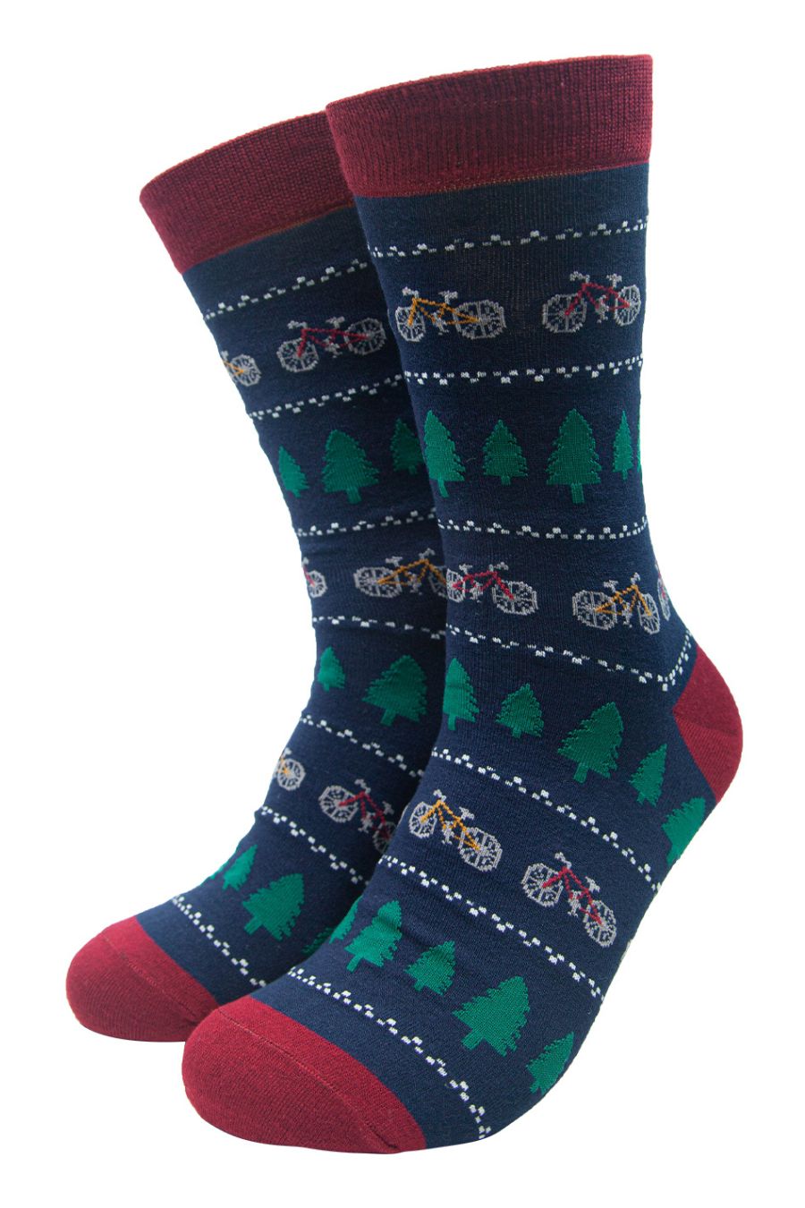blue and burgundy dress socks with an all over bicycle and tree print