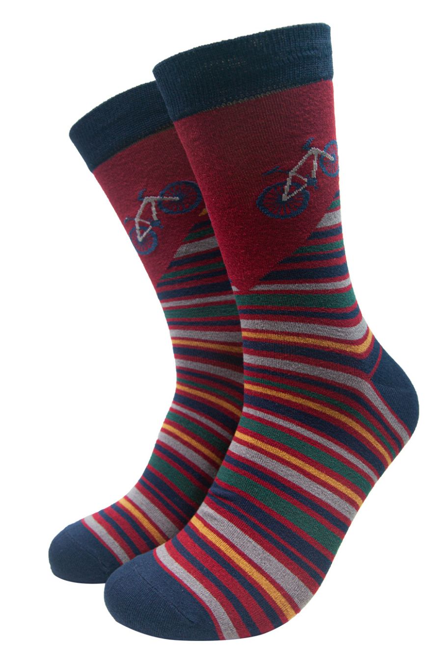 multicoloured striped socks featuring a mountain bike on the ankle