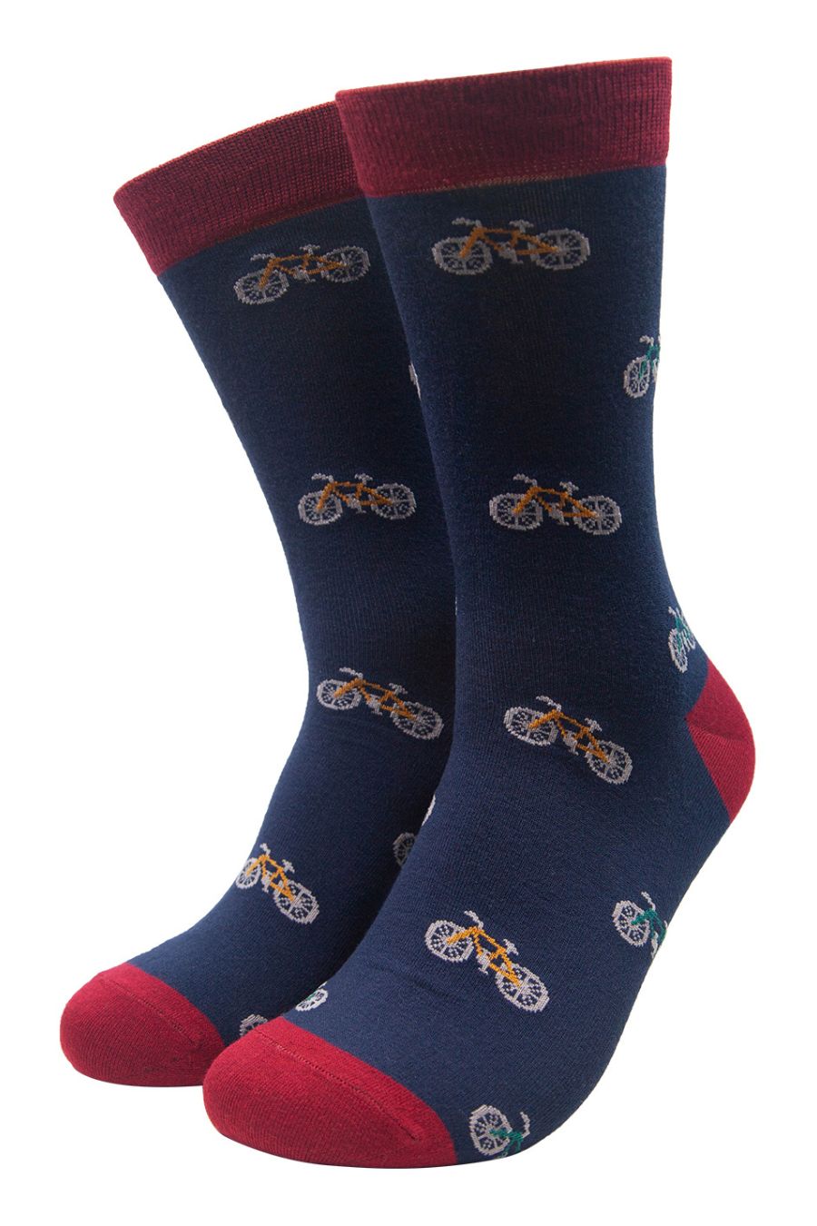 navy blue and burgundy dress socks with mountain bikes all over