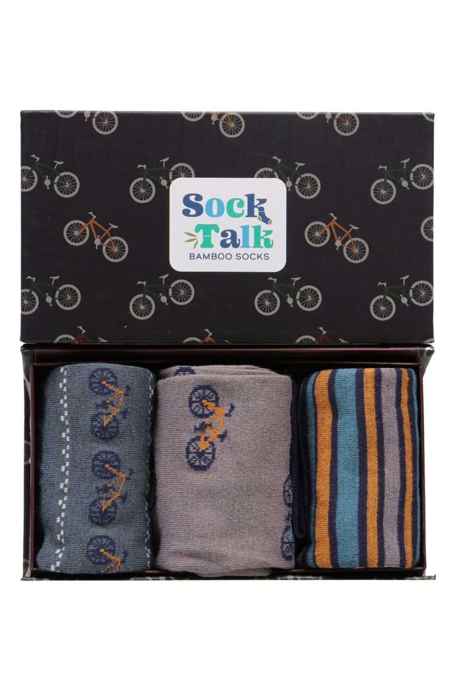 black gift box with an all over bicycle print, with three pairs of mountain bike themed bamboo socks