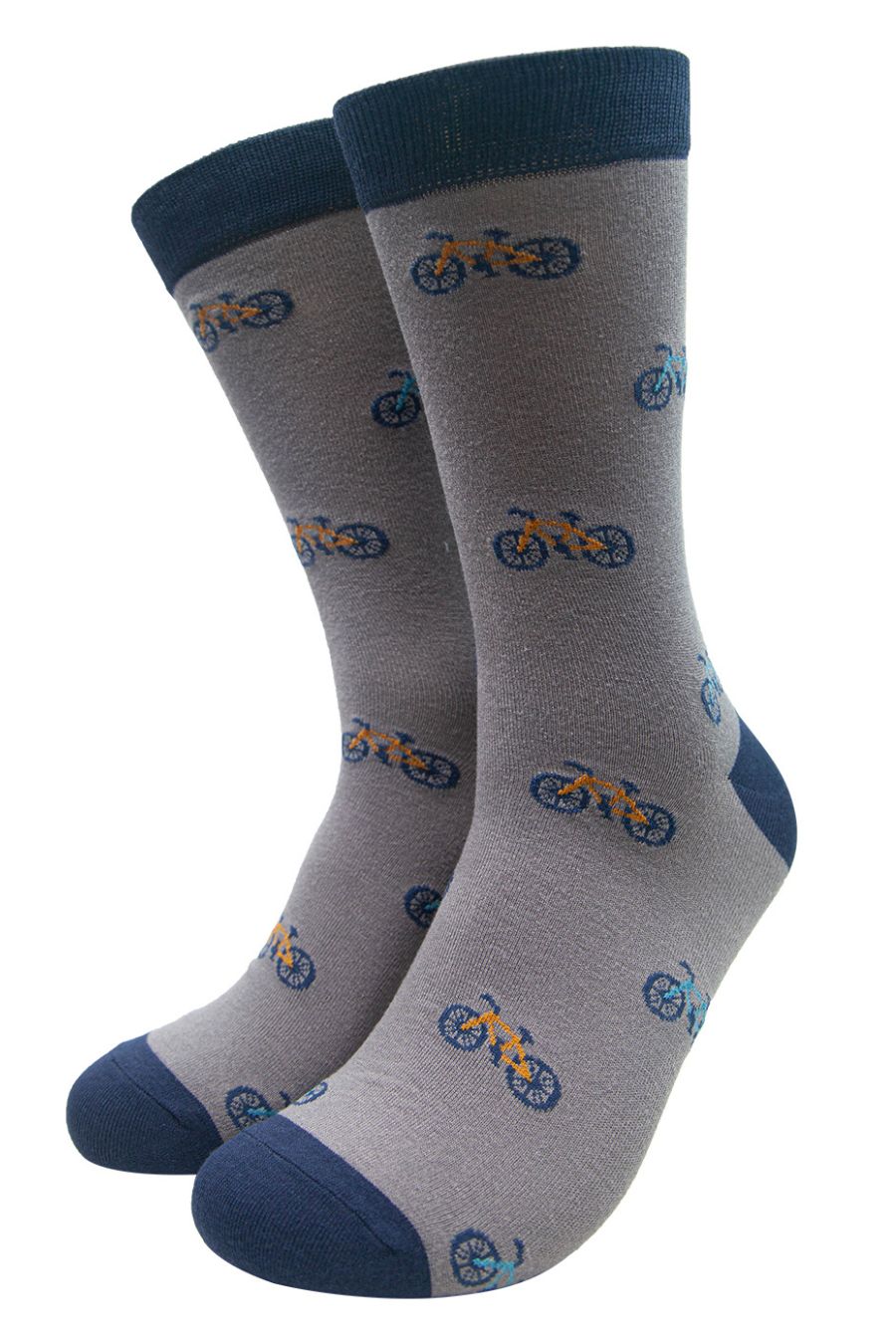 grey bamboo socks with blue mountain bikes all over