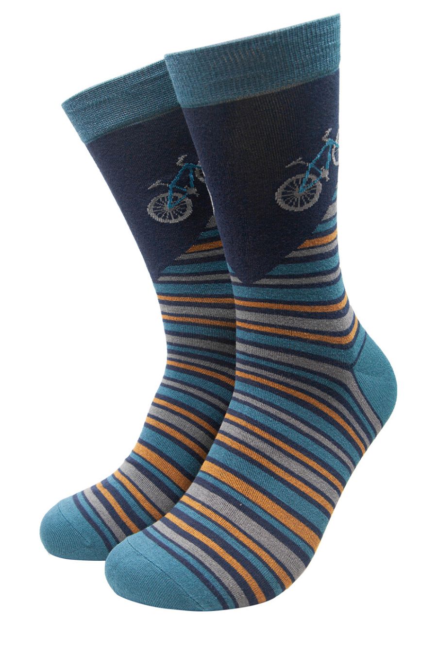 teal, blue striped socks with a mountain bike on the ankle