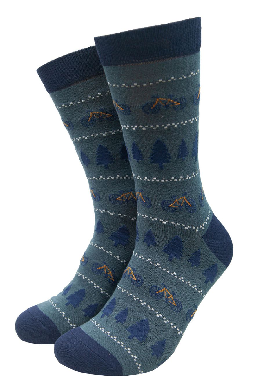 teal, blue dress socks with all over bicycle and tree print