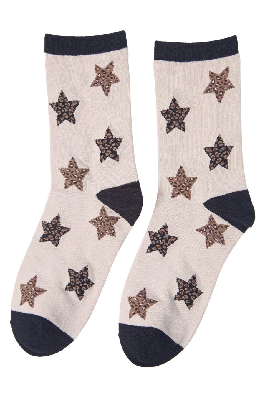 cream coloured bamboo ankle socks with all over leopard print star pattern