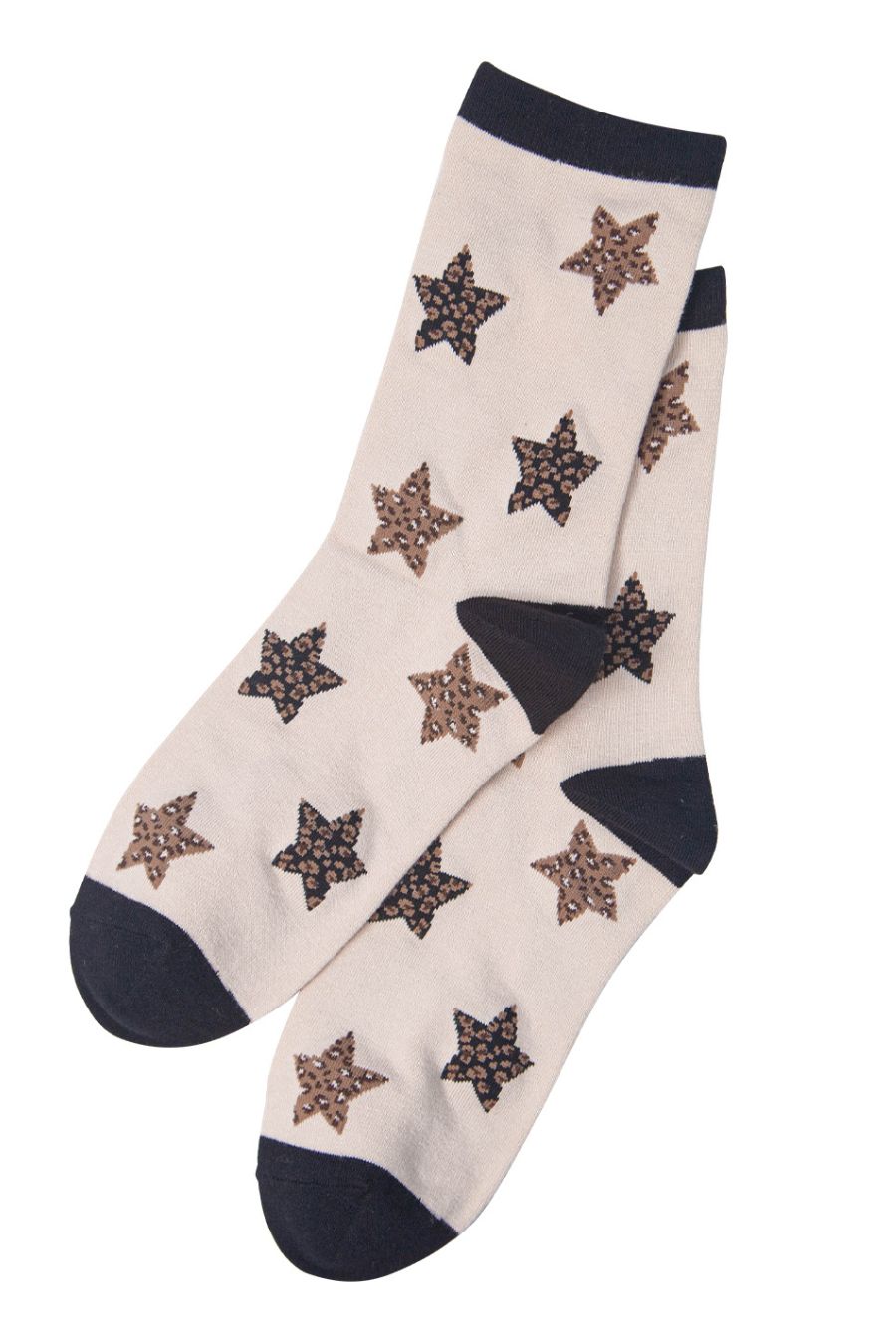 womens ankle socks with leopard print stars in cream and brown