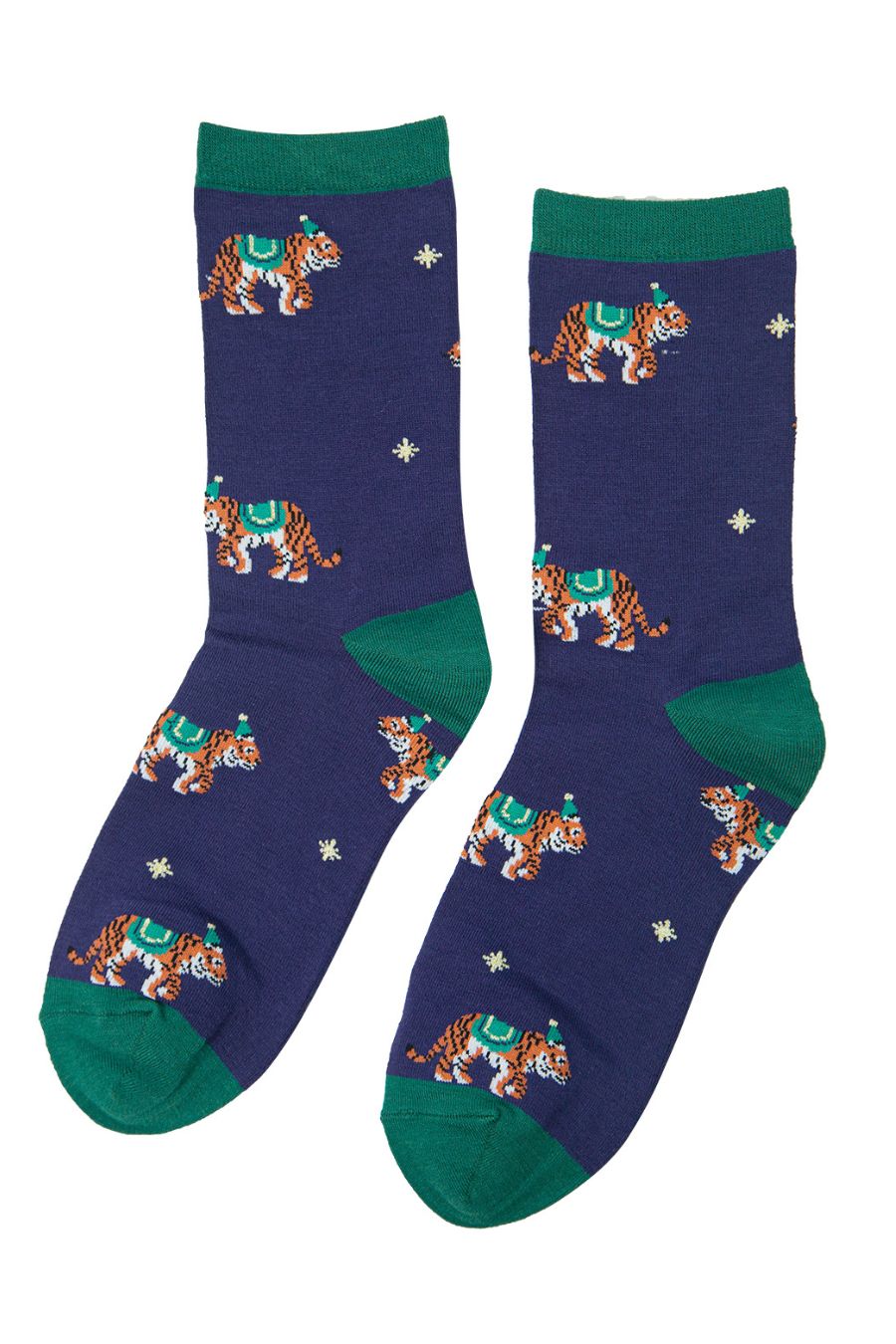 navy blue ankle socks with green toe, heel and trim, featuring tigers