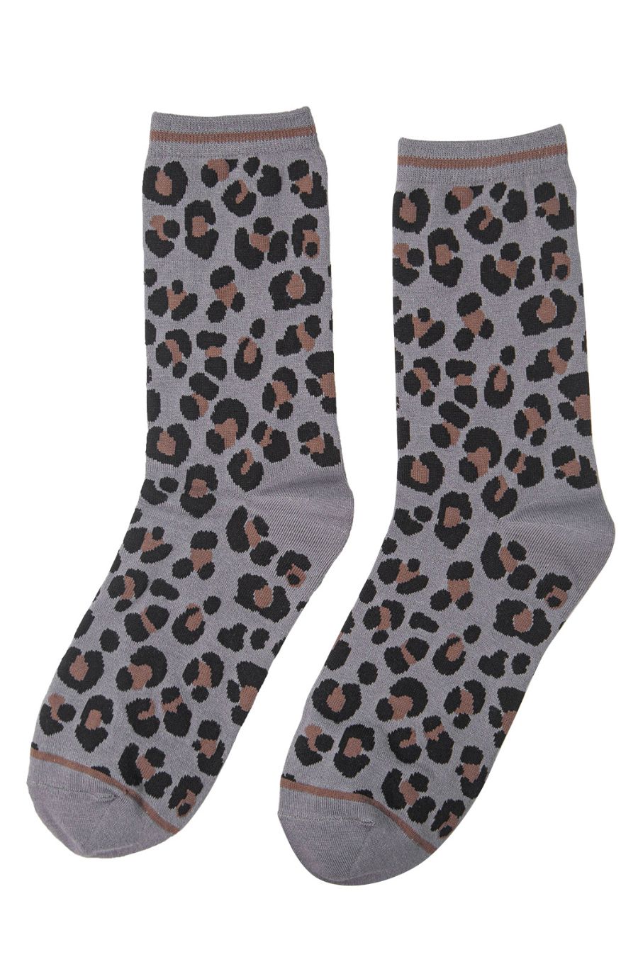 grey ankle socks with an all over brown and black animal print