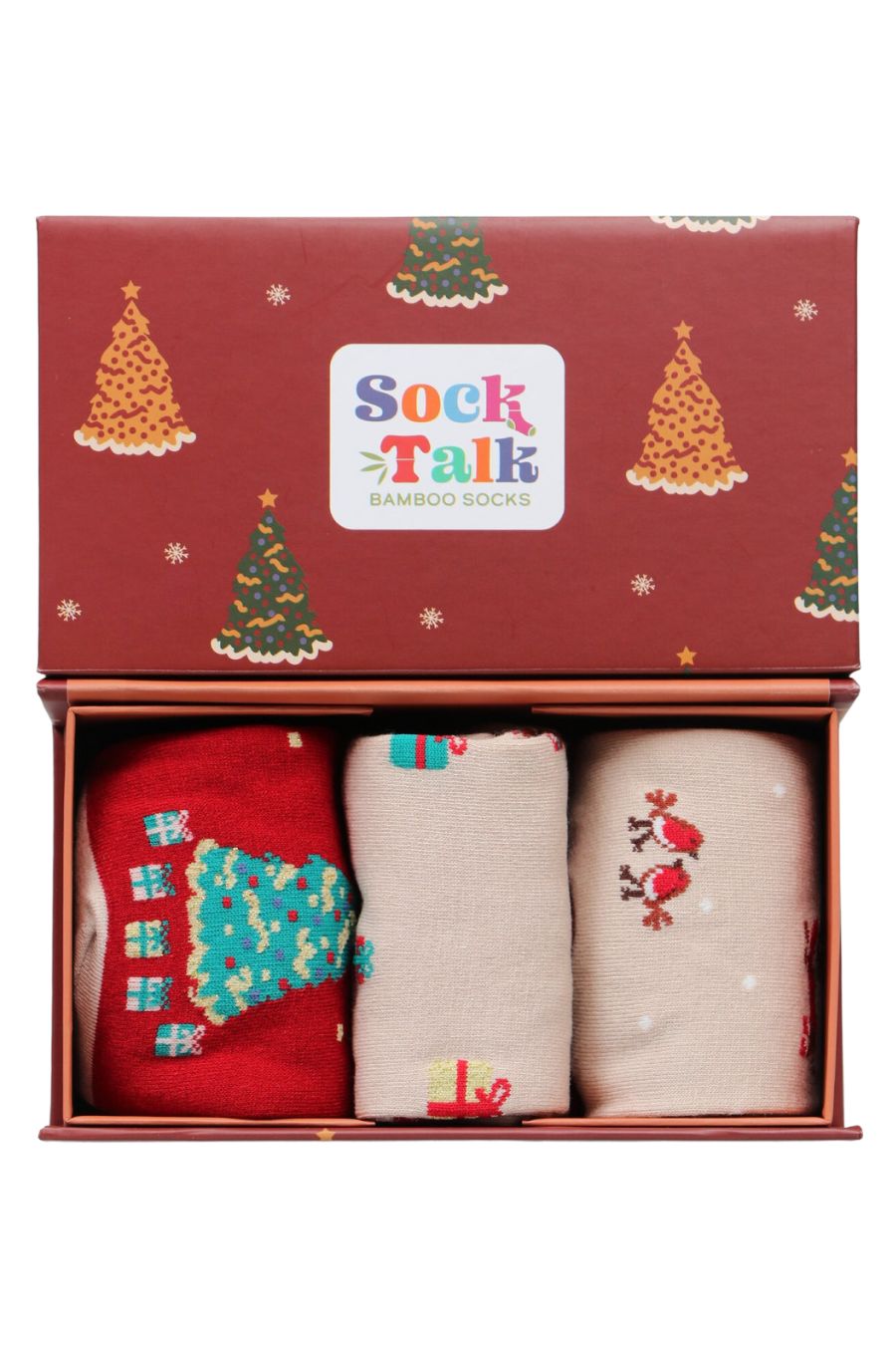 a red gift box with xmas trees on it with three pairs of festive themed womens ankle socks