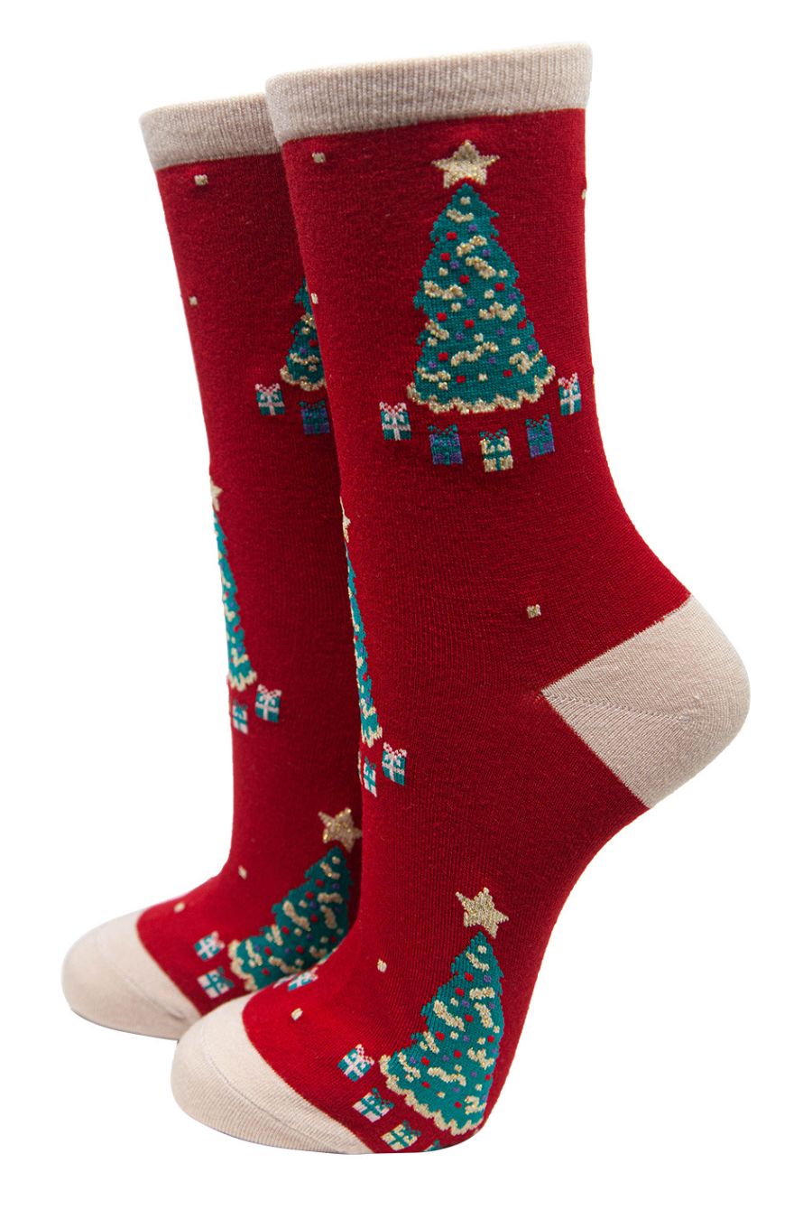 red ankle socks with green xmas trees and gifts