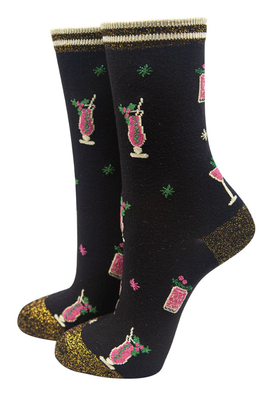 black and gold glitter ankle socks with a pink cocktail glass pattern