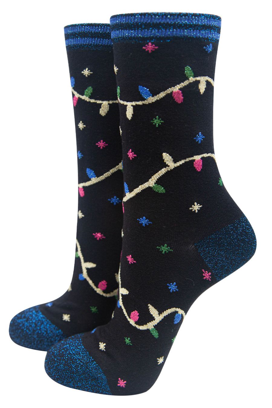 black and blue glitter ankle socks with a multicoloured fairy lights pattern