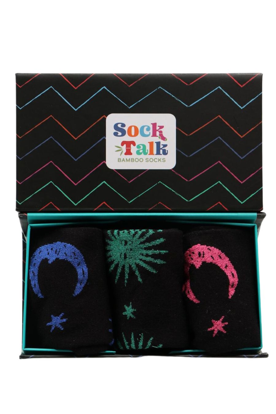 black and multicoloured zig zag stipe gift box with three pairs of womens glitter ankle socks