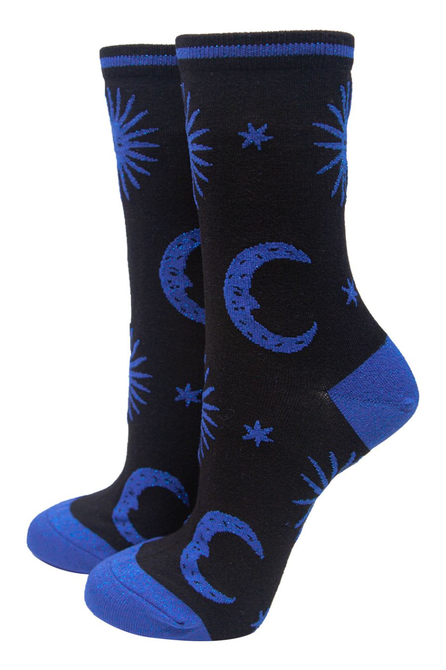 black ankle socks with blue glitter stars and moons