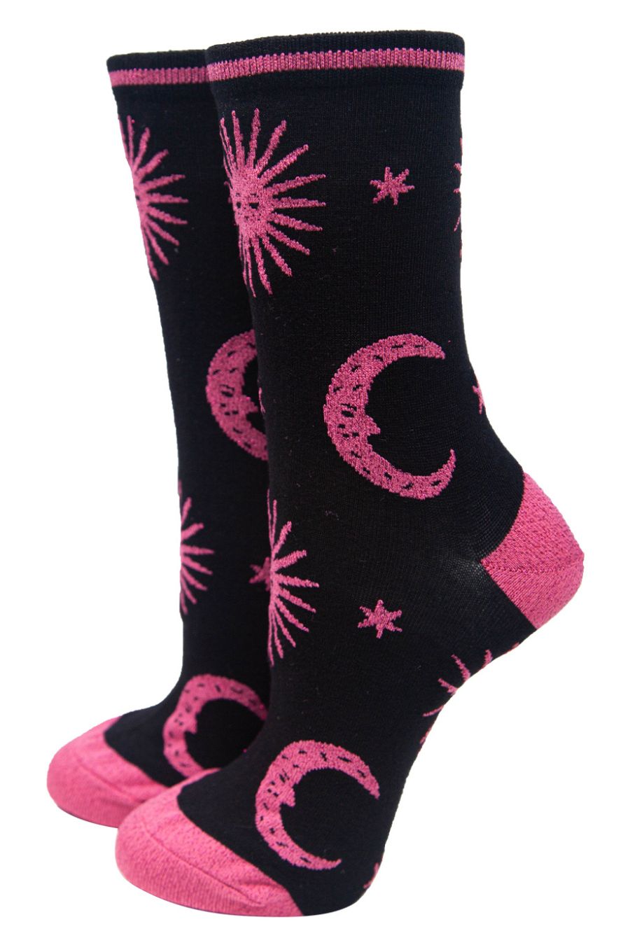 black ankle socks with pink glitter stars and moons