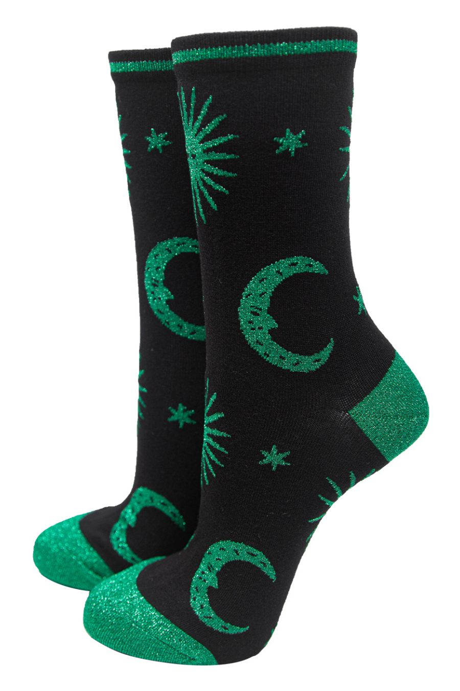 black ankle socks with green glitter stars and moons