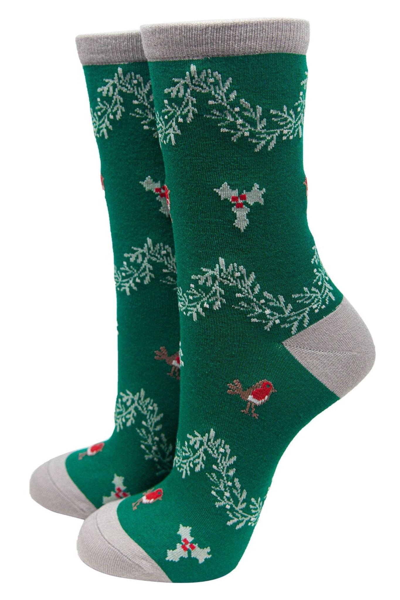 green bamboo socks with red robin birds and holly
