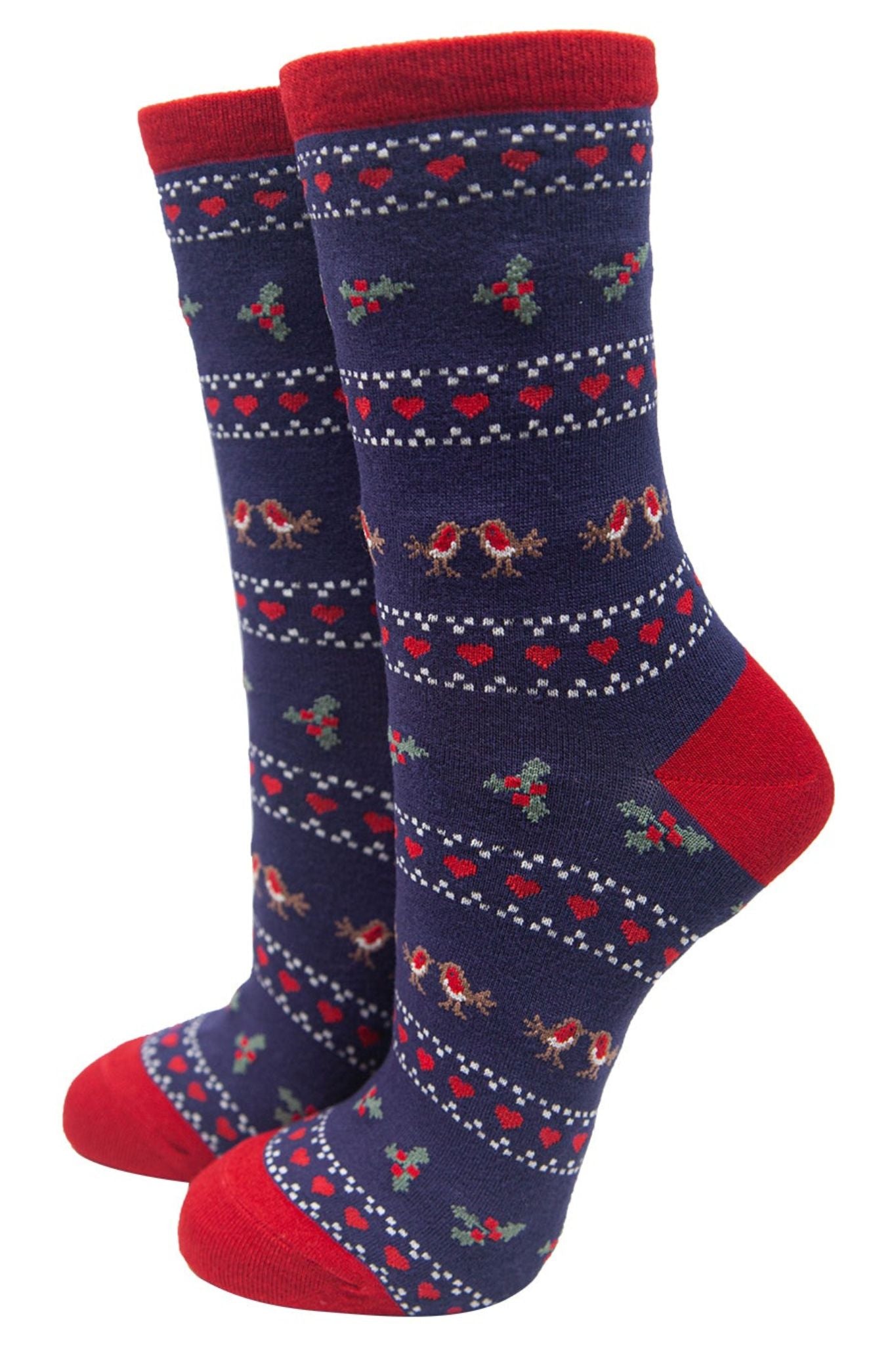 nevy blue and red bamboo socks featuring robin birds, love hearts in a fair isle style
